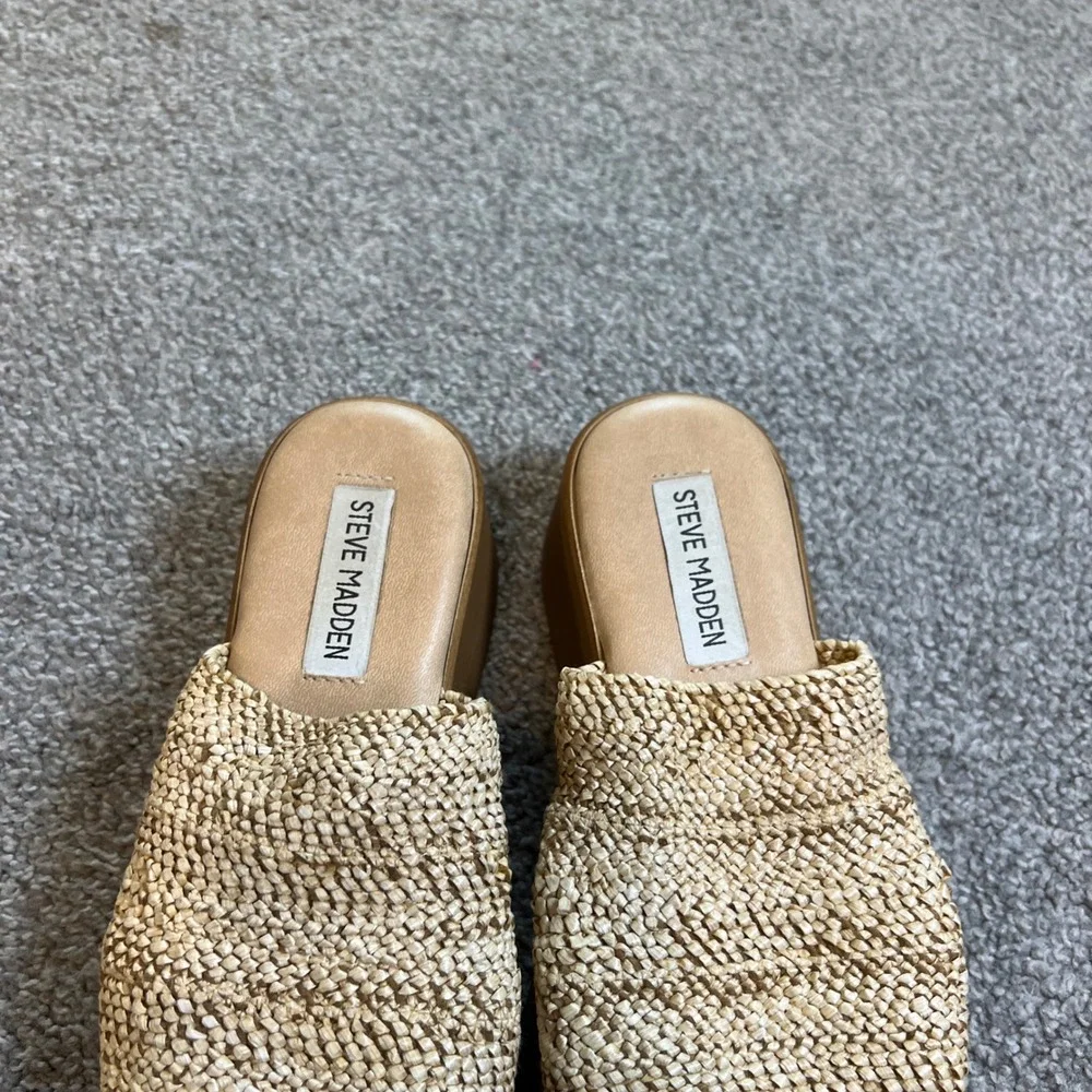 Steve Madden Platform Sandals Womens 6.5 Tan‎ Raffia Woven Wedge Italy slide on